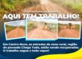 A secretaria de obras de Centro Novo recupera estradas vicinais da sede e acesso à zona rural.