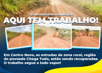 A secretaria de obras de Centro Novo recupera estradas vicinais da sede e acesso à zona rural.