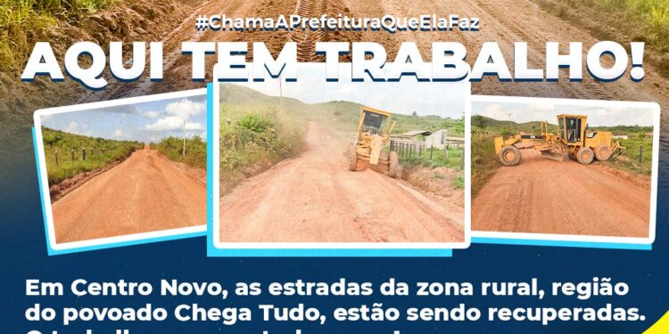 A secretaria de obras de Centro Novo recupera estradas vicinais da sede e acesso à zona rural.